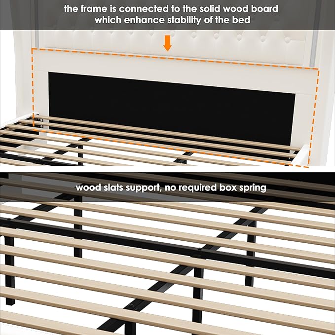 King Bed Frame 55" Tall Headboard with LED Lights, Buttons Tufted Velvet Upholstered Platform Bed Frame with 2 Storage Drawers, Wood Slats Support Mattress Foundation, No Box Spring Needed, Beige
