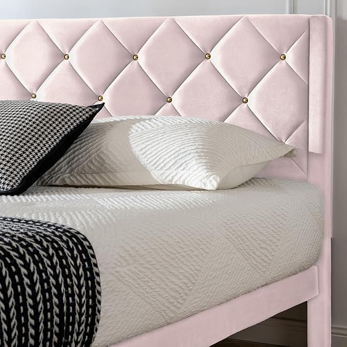 Queen Bed Frame with Headboard, Bed Frame Queen Size with Sturdy Wooden Slats Support, Platform Frame with Velvet Upholstered Headboard, Mattress Foundation, Easy Assembly, No Box Spring Needed Pink
