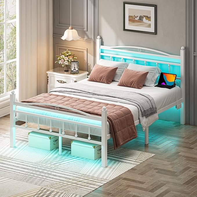 Jenmit Full Size Bed Frame with Headboard, Metal Platform Bed Frame with Charging Station & LED Lights, Storage Space Under Bed, No Box Spring Needed, Noise Free, Easy Assembly, White