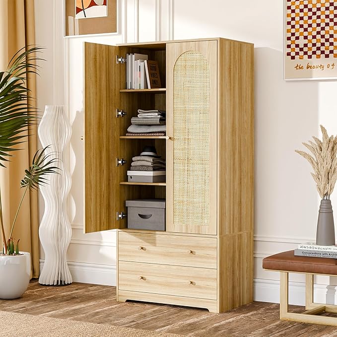 VINGLI Wardrobe Closet with Doors, Rattan Armoire Wardrobe Closet with Drawers & Hanging Rod, Wooden Armoire for Hanging Clothes, Natural Oak, 68.9" H