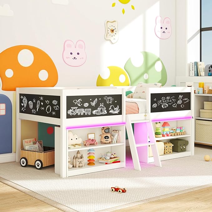 Giantex Low Loft Bed with LED Lights, Wooden Twin Size Loft Bed with Ladder & Blackboard, Twin Bed Frames for Kids with Storage 2 Bookcases and Play Space, White