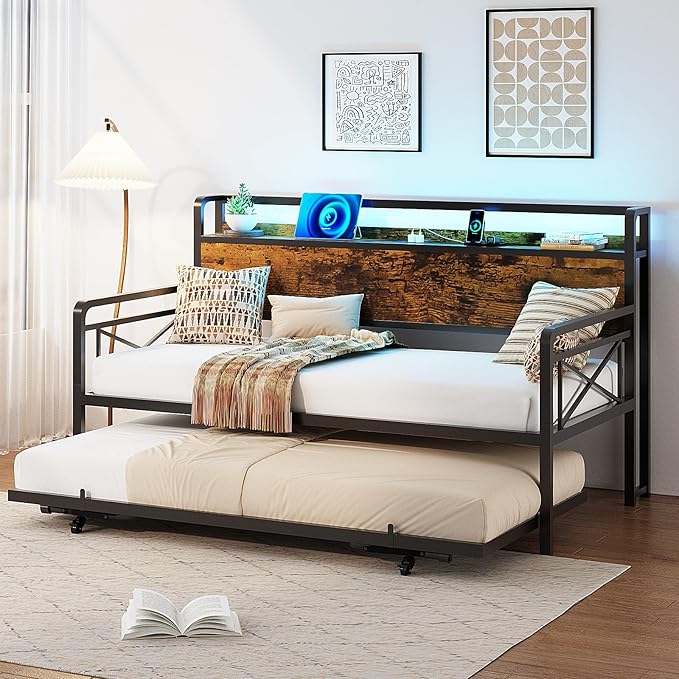VINGLI Daybed with Trundle Twin, Metal Daybed Frame with Pop-up Trundle Bed and Charging Station,Day Bed with Wooden Storage Headboard & LED Lights, for Kids Room, Living Room, Bedroom, Brown