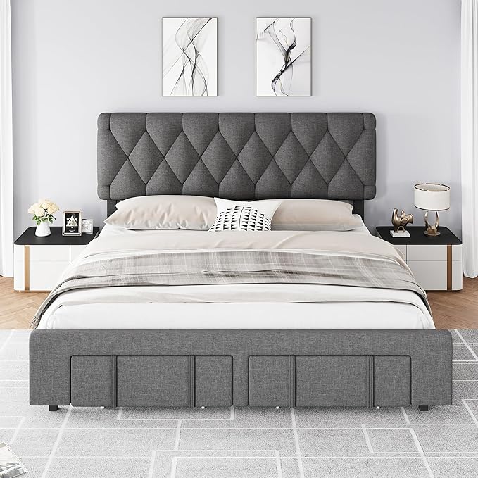 GarveeHome Queen Size Bed Frame, Upholstered Platform Bed Frame with Storage Drawers, Mattress Foundation with Solid Wooden Slats Support, No Box Spring Needed, Grey
