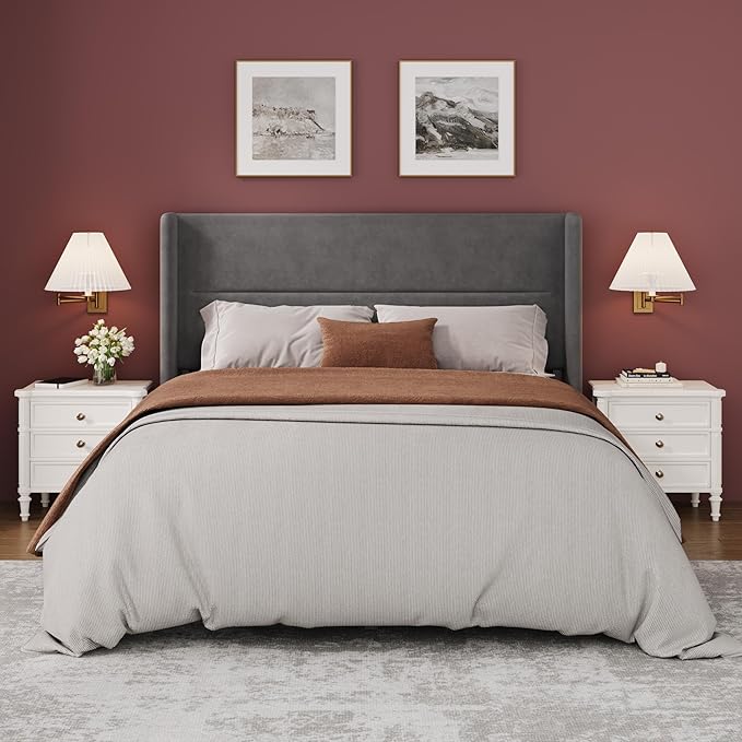 Garvee Full Size Bed Frame with Wingback Headboard, Velvet Upholstered Platform Bedframe with Wood Slats, No Box Spring Needed, Easy Assembly, Grey