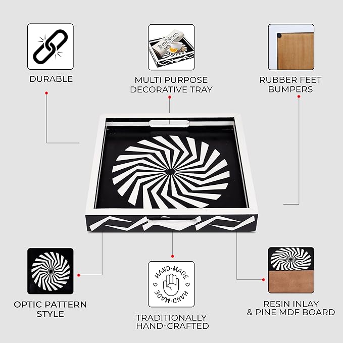 Handicrafts Home 12x12 Ottoman Tray with Handles, Black White Decorative Tray, Resin Inlay Coffee Table Tray for Living Room Decor, Modern Geometric Illusion Optic Pattern Square Serving Tray