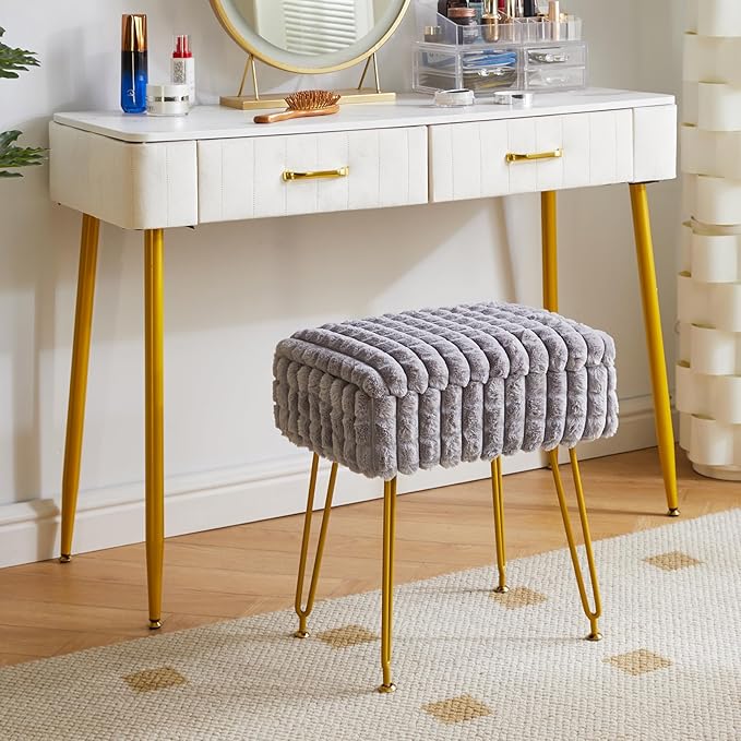 IBUYKE Rectangle Vanity Chair with Storage Space, Footrest Footstool Ottoman, Vanity Stool, Dressing Table Chair, with Anti-Slip Feet, for Makeup Room, Bedroom, Square Grid Pattern, Grey WBD004G