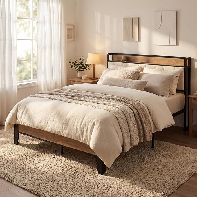 LIKIMIO Full Bed Frames, Storage Headboard with Charging Station, Solid and Stable, Noise Free, No Box Spring Needed, Easy Assembly, Wood and Cream