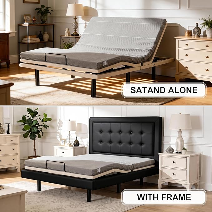 Froman Queen Adjustable Bed Frame, Adjustable Bed Base with Massage, Wireless Remote, Lumber Support, Zero Gravity, Head & Foot Incline, Head Top Pillow Tilt, USB Ports, Nightlight, Anti-Snore