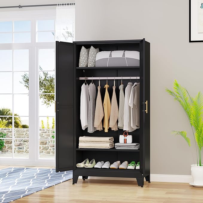 Metal Armoire Wardrobe Closet with Hanging Rod, Clothing Storage Cabinet with Adjustable Shelves for Laundry Room, Bedroom, Home Office, Bathroom, 71" Black