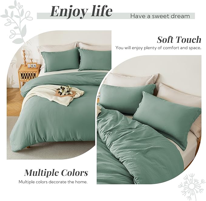MILDLY Super Soft Duvet Cover 2pcs - 100% Washed Microfiber Sage Green Twin/Twin XL Comforter Cover Set with Zipper Closure & Corner Ties (No Comforter)