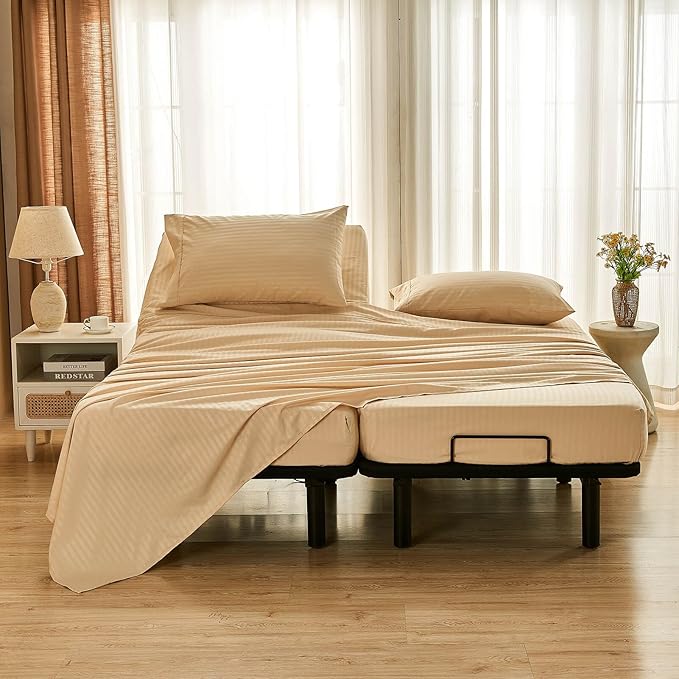 Kingnex Striped Split California King Sheets Sets for Adjustable Bed with Deep Pocket 5 Pieces Include 2 Cali Twin XL Fitted Sheets 1 Flat Sheet 2 King Size Pillowcases Beige