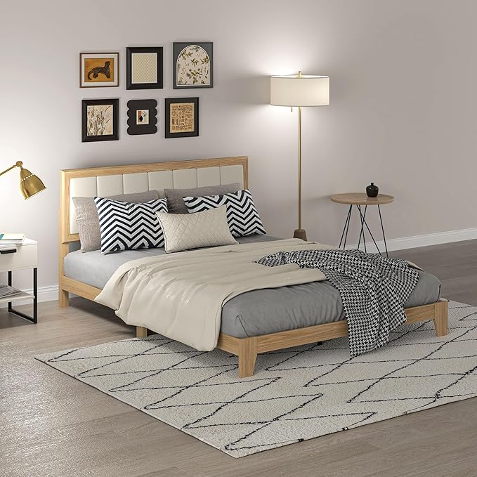 HOMCOM Queen Size Bed Frame with Upholstered Headboard, Platform Bed Frame with Wooden Slats, No Box Spring Needed, Easy Assembly, Natural