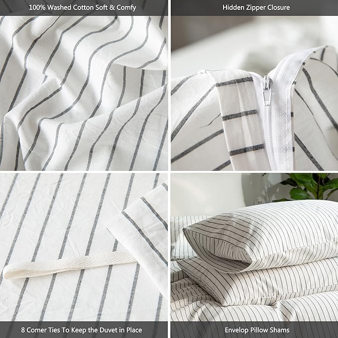 MooMee Striped Duvet Cover Set 100% Washed Cotton Linen Like Textured Breathable Durable Soft Comfy (White Dark Grey Wide Stripes, Super Queen 90"x98")