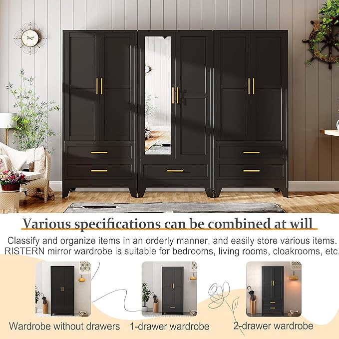 RIETERN Metal Armoire Wardrobe Closet, 71" Tall Bedroom Closet with Mirror, 1 Drawer, Adjustable Shelves, and Hanging Rod, Steel Clothes Closets and Storage, for Bedroom Black