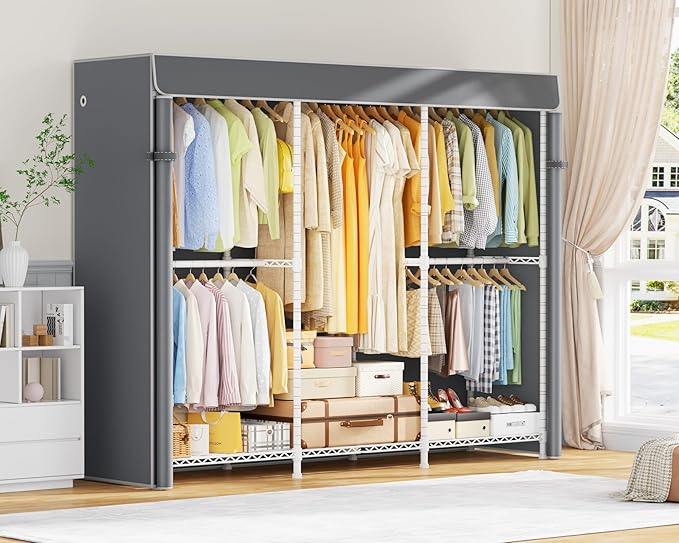 ULIFHOME E14C Pro Heavy Duty Closet Organizer System,Freestanding Clothing Racks for Hanging Clothes,Adjustable Garment Rack 70.1"W × 16.6"D × 76.4"H Hold 960 lbs,White Rack with Grey Dustproof Cover