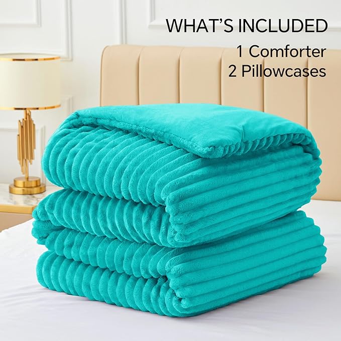 BEDELITE Fleece King Comforter Set -Super Soft & Warm Fluffy Teal Bedding, Luxury Fuzzy Heavy Bed Set for Winter with 2 Pillow Cases