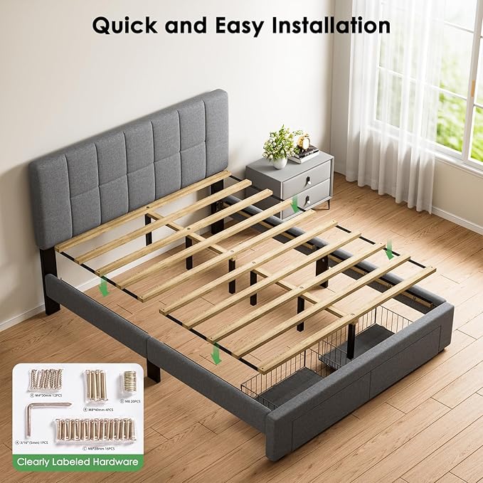 Marsail Full Bed Frame with 2 Storage Drawers, Sturdy & Durable with 12 Support Legs, 1300 lbs Capacity, Solid Wooden Upholstered Adjustable Headboard for 6″–12″ Mattresses, Easy Assembly, Dark Gray
