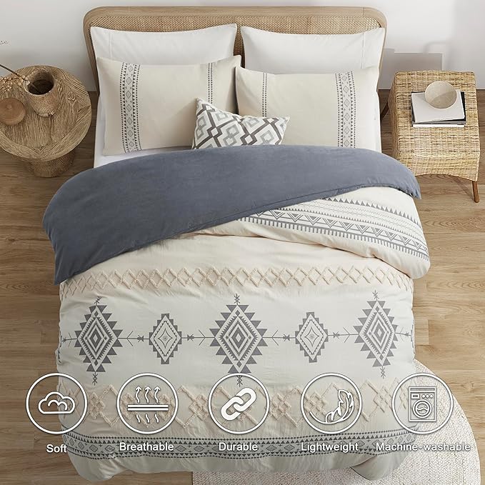 Oli Anderson Boho Duvet Cover Set King Size, Beige and Gray Color Clash 3 Pieces Microfiber Bedding Set, Durable and Super Soft Duvet Covers with Zipper and Ties, 104"*90"