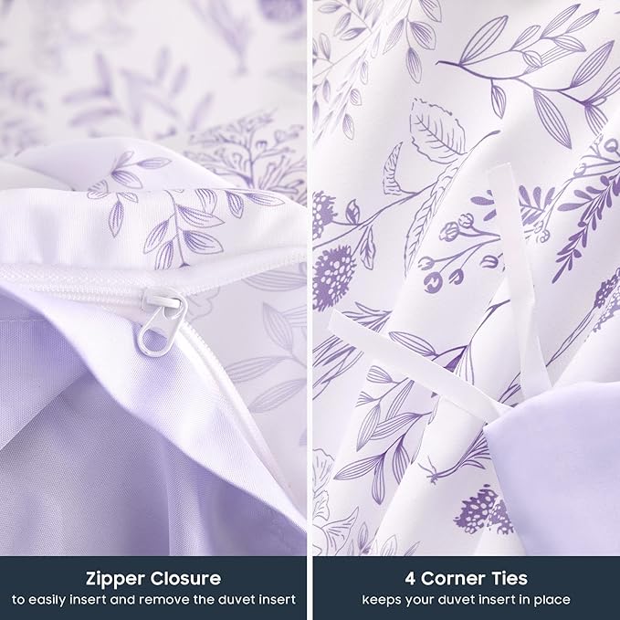 Wake In Cloud - Floral Duvet Cover Set, Botanical Vintage Flower Coquette Cottagecore Aesthetic for Women Teen Girls, Soft Lightweight Bedding, 3-Piece, Lilac, Full Size