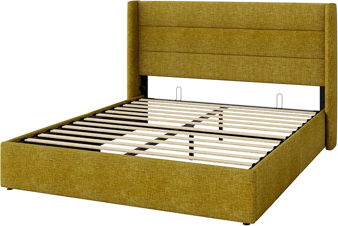 SHA CERLIN Queen Size Lift Up Storage Bed/Modern Wingback Headboard/Upholstered Platform Bed Frame/Hydraulic Storage/No Box Spring Needed/Wood Slats Support/Olive Yellow