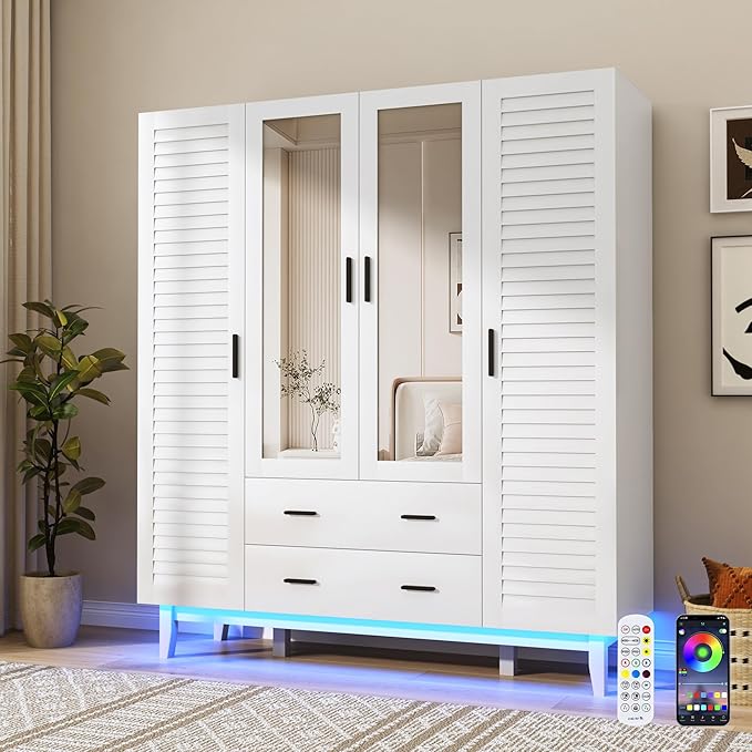 jiteentarou 4 Door Armoire Wardrobe Closet Cabinet with Drawers and LED Lights, Multi-Tier Shelves, Hanging Rod & 4 Louver Doors, Large Capacity Storage Wardrobe Armoire for Bedroom(4 Doors White) | 4 Door, Armoire, with Drawers, LED Lights, Multi-Tier...