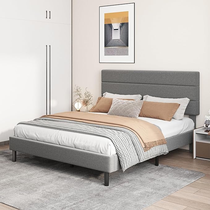 Full Platform Bed Frame with Adjustable Linen Fabric Upholstered Headboard, Strong Slats Support, Noise-Free, No Box Spring Required, Easy Assembly for Bedroom Guest Room, Grey