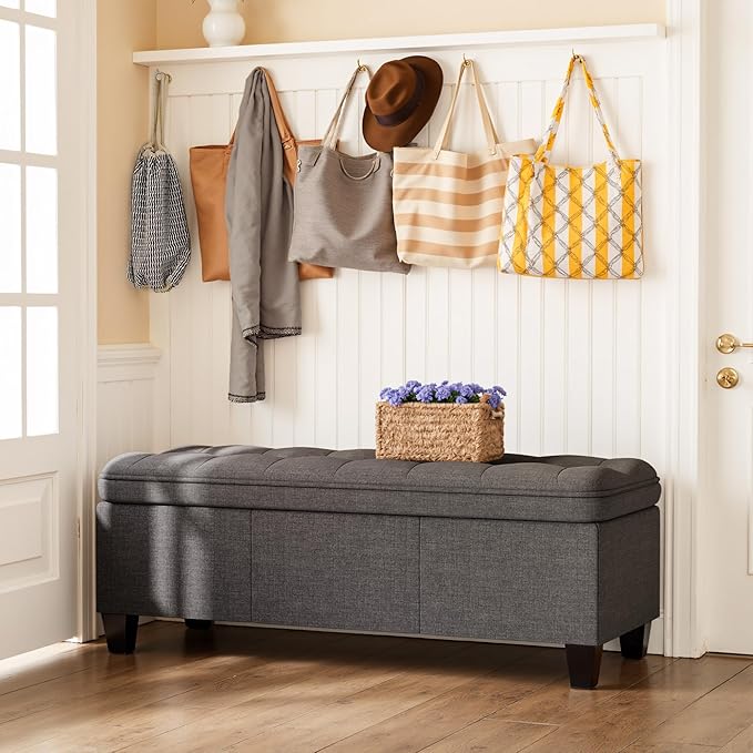 YESHOMY 47 Inches Ottoman with Storage, Storage Bench with Legs, Ottomans for Living Room, Entryway, Adjustable & Movable, Easy Assembly, Dark Gray Textured