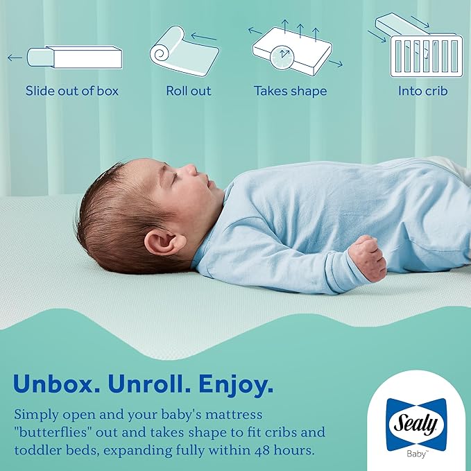 Sealy Baby Butterfly Antibacterial 2 Stage Waterproof Crib Mattress Plus Toddler Bed Fit, Ultra Firm Orthopedic Foam, GREENGUARD Gold Certified, Safety & Quality Tested, Made in USA, 52"X28"