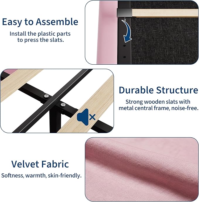 GarveeHome Queen Bed Frame with Storage Headboard, Kids Bed Frame with 2 Drawers, Velvet Upholstered Platform Bed Frame with Lights, No Box Spring Needed, Easy Assembly, Velvet Pink
