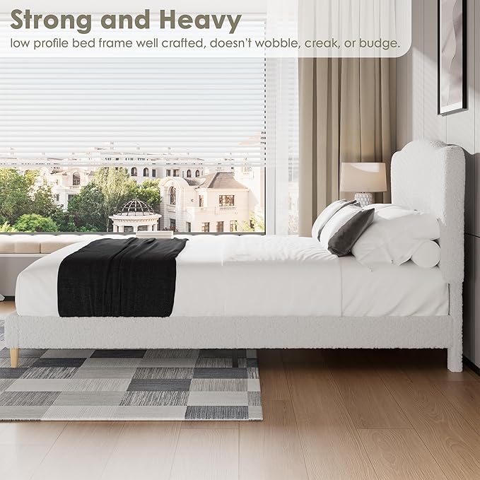 GarveeHome Queen Size Bed Frame with Upholstered Headboard, Soft Low Profile Sturdy Platform Bed with Rounded Corners Design, Heavy Duty, Wooden Slats, Noise Free, No Box Spring Needed, White
