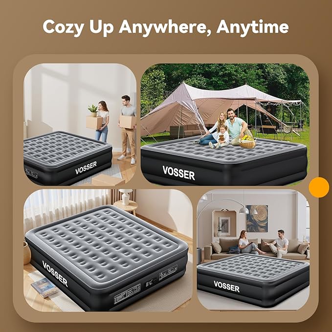 VOSSER King Size Air Mattress with Built in Pump Raised,18’’King Air Mattress,Blow Up Mattress in 3 Mins,Self Inflatable Mattress for Home,Floor&Travel,Portable Air Bed for Adults,750LB Max,Black