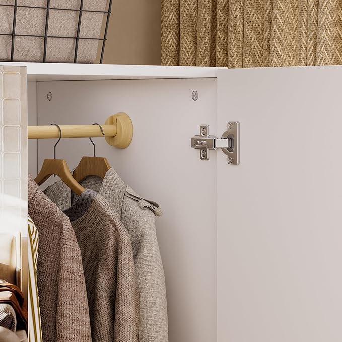 PAKASEPT 4 Doors Armoire Wardrobe Closet with Led Light & Mirror, Bedroom Large Capacity Freestanding Armoire Wardrobe with Drawers, Storage Cabinet with Hanging Rod Storage Closet for Bedroom