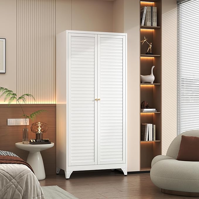 Polup Metal Armoire Wardrobe Closet with Doors, 71" Tall White Wardrobe Cabinet with Hanging Rod and Adjustable Shelves, Steel Clothing Storage Cabinet for Bedroom, School, Employee, Gym, Office