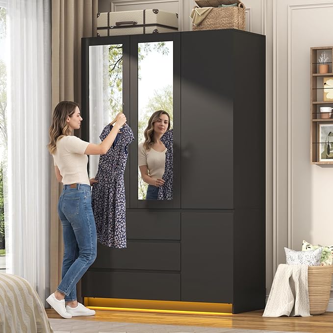 3 Doors Armoire Wooden Wardrobe Closet with 3 Drawers & 2 Mirror, 75"H Clothing Storage Cabinet with Hanging Rod,Modern Bedroom Large Freestanding Armoires with Led Lights for Bedroom,Black