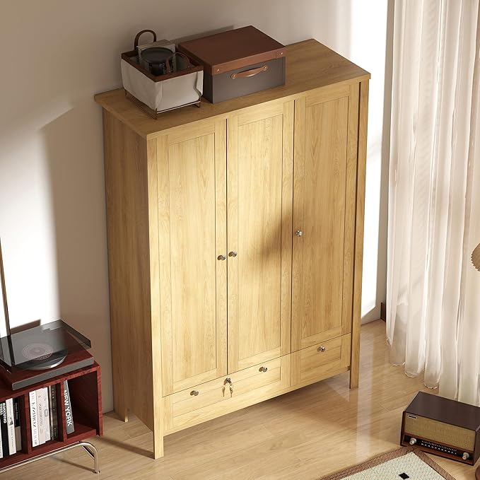 HOMCOM 3 Door Armoire Wardrobe Closet with 2 Drawers, 69" Clothing Storage Cabinet with Lockable Large Drawer, Hanging Rod and Storage Shelves for Bedroom, Wardrobe Cabinet, Natural