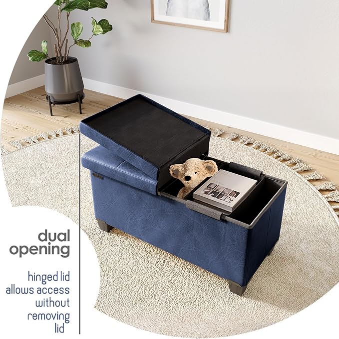 Storage Ottoman Bench with Bins, 30-in Storage Bench for Bedroom End of Bed, Folding Foot Rest Ottoman for Living Room Max 660lbs, Leather Ottomans, Blue