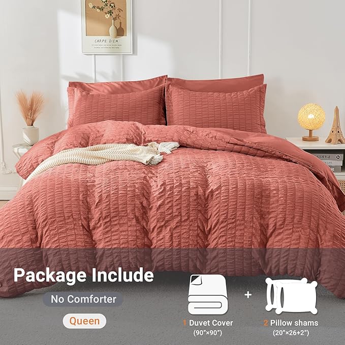 HYMOKEGE Coral Red Duvet Cover Full Size, Ultra Soft 3-Piece Seersucker Duvet Cover Set with Zipper Closure, Soft Brushed Microfiber Bedding Set with 8 Corner Ties (80"x90", 2 Pillowshams)