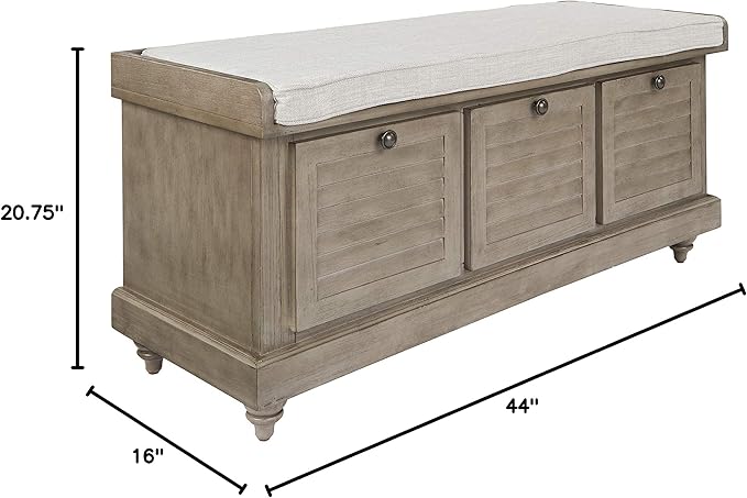 OSP Home Furnishings Dover Coastal Lift-Top Storage Bench with Shutter Face Styling, Antique Grey Finish with Off-White Linen Fabric Cushion