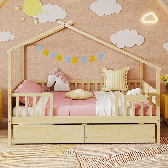 Giantex Full House Bed with Drawers, Wooden Full Size Bed Frame with Cube Storage & Fence Rails, Montessori Beds for Kids Boys Girls, Bedroom, Living Room, No Box Spring Needed, Natural