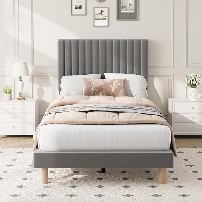 IDEALHOUSE Twin Bed Frame with Adjustable Headboard, Velvet Upholstered Platform Bed Frame Twin Size, Vertical Channel Tufted, Strong Wooden Slats, No Box Spring Needed, Easy Assembly, Grey