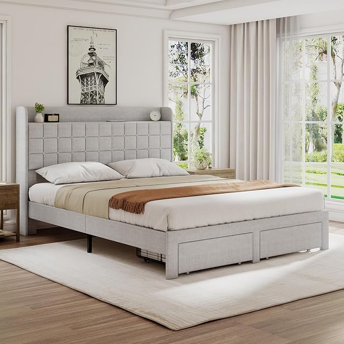 DUMOS Queen Size Upholstered Platform Bed Frame, Queen Bed with Storage Drawers and Fabric Headboard, Wooden Slats Support, 882 lbs Weight Capacity, No Box Spring Needed, Easy Assembly, Beige