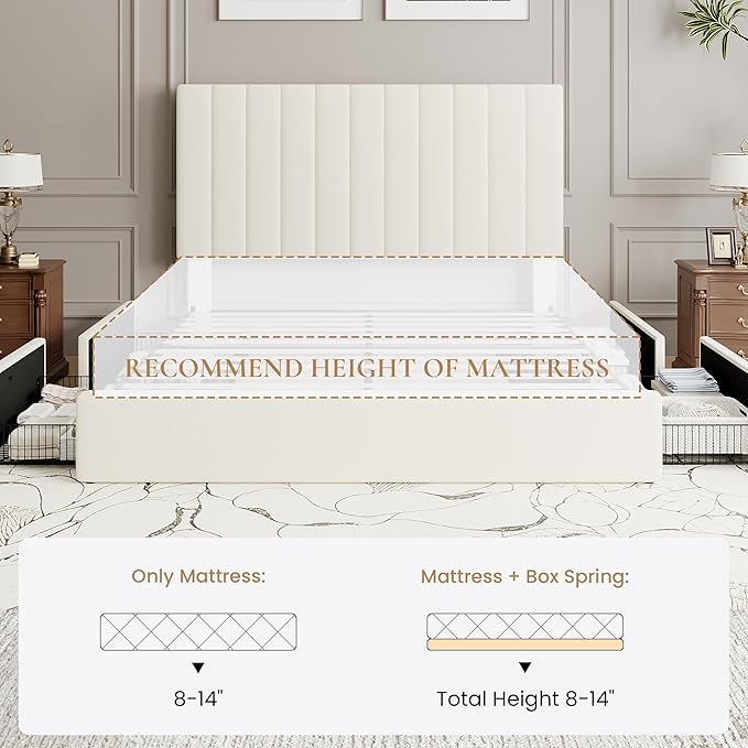 SHA CERLIN Full Size Platform Bed Frame with 4 Storage Drawers, Vertical Channel Tufted Adjustable Headboard, Velvet Upholstered, Wooden Slats Support, No Box Spring Needed, Easy Assembly, Cream