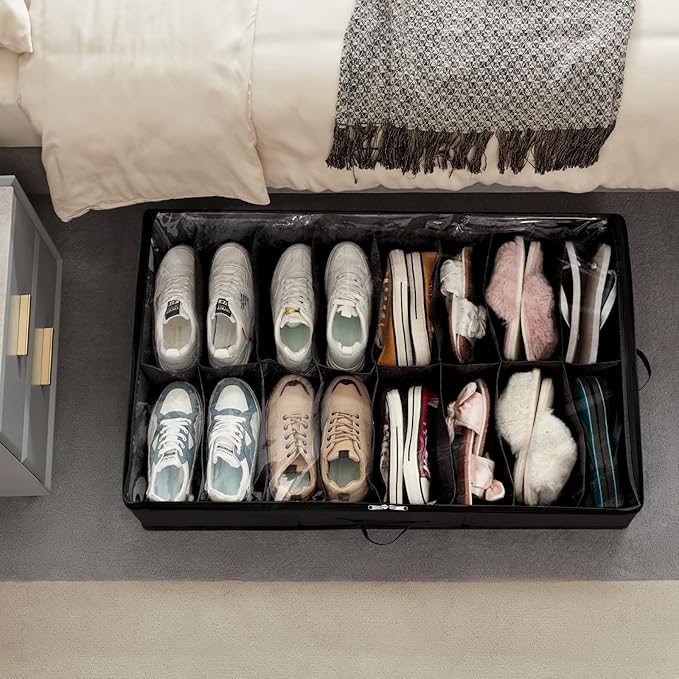 Lifewit Under Bed Shoe Storage Organizer 2 Pack(16 Shoes Cells+4 Boots Cells), 4.3 Inches Profile Fabric Shoes Container Box with Clear Cover, Foldable Storage Bag with 2 Handles, Fits 24 to 40 Pairs