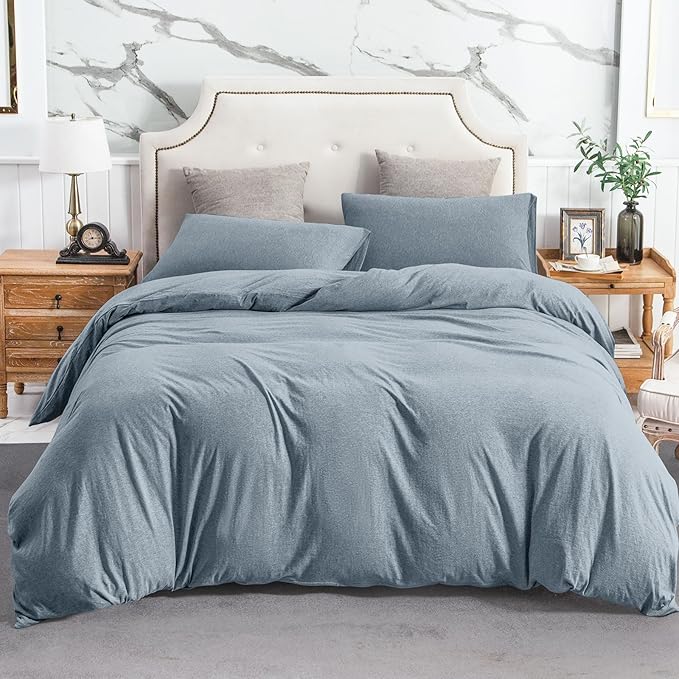 PURE ERA Jersey Knit Duvet Cover Set 100% T-Shirt Cotton Super Soft Comfy 3pc Bedding Set with Zipper Closure (Heather Blueish Grey, King)