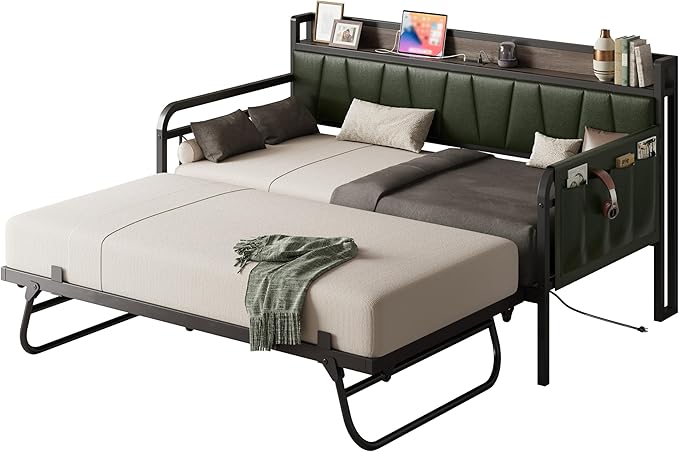 LIKIMIO Twin XL Daybed, Day Bed with Trundle, Storage Upholstered Headboard and Charging Station, Trundle Bed with Strong Supports for Living Room, Bedroom, and Guest Room, Green