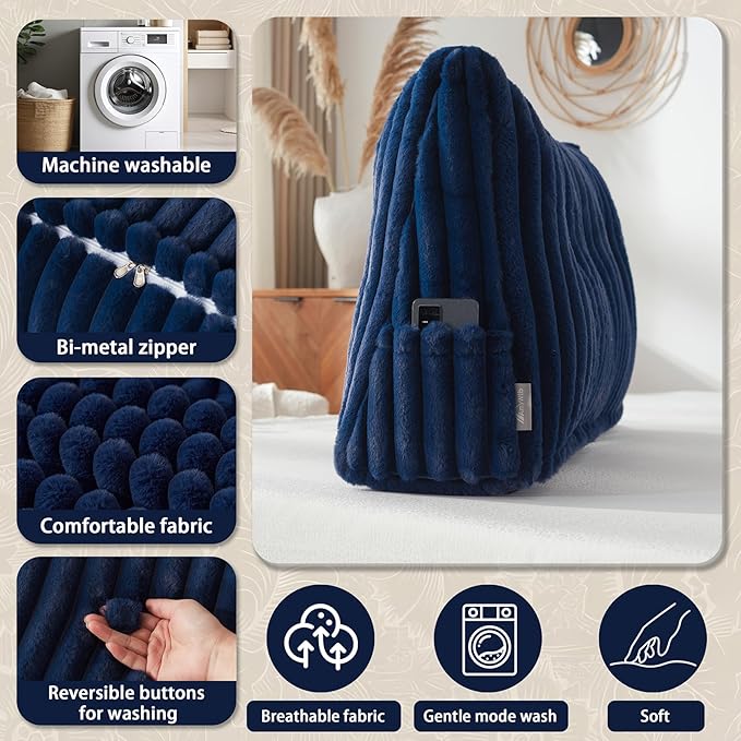 Headboard Pillow + A Long Neck Roll Pillow Body Pillow,Faux Fur Headboard Wedge Pillow with Removable Cover (Blue, Twin:39x8x20 inches)