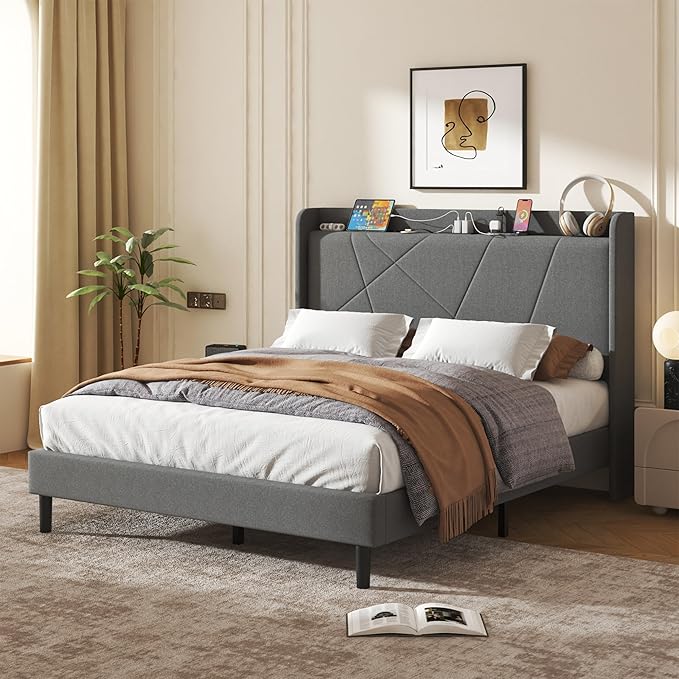 Queen Size Linen Bed Frame, Storage Headboard with Charging Station, Upholstered Platform Bed with Wooden Slats Support, Solid and Stable, Noise Free, No Box Spring Needed, Easy Assembly, Gray