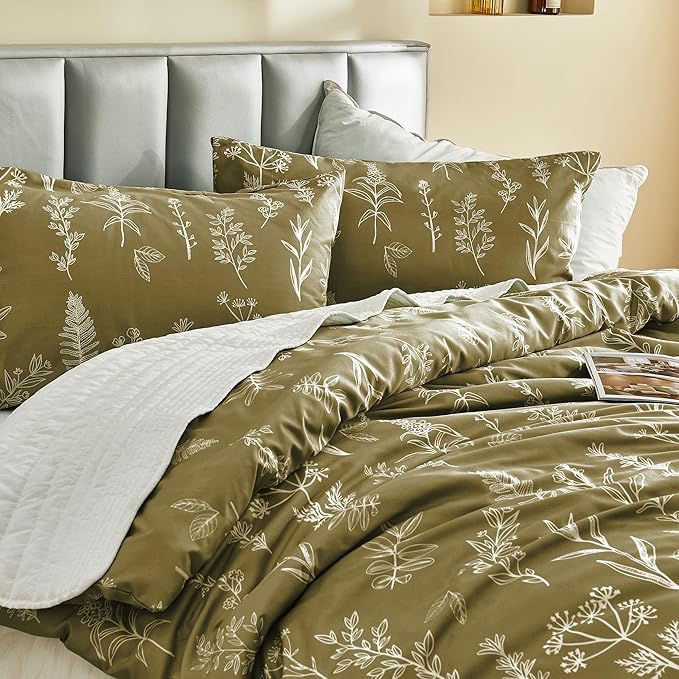 MUXHOMO Duvet Cover Full Size, Reversible Floral Olive Green Duvet Cover Set with Zipper Closure, 3 Pieces Botanical Patterns Soft Microfiber Bedding Set with 4 Ties (80"x90", 2 Pillow Cases)