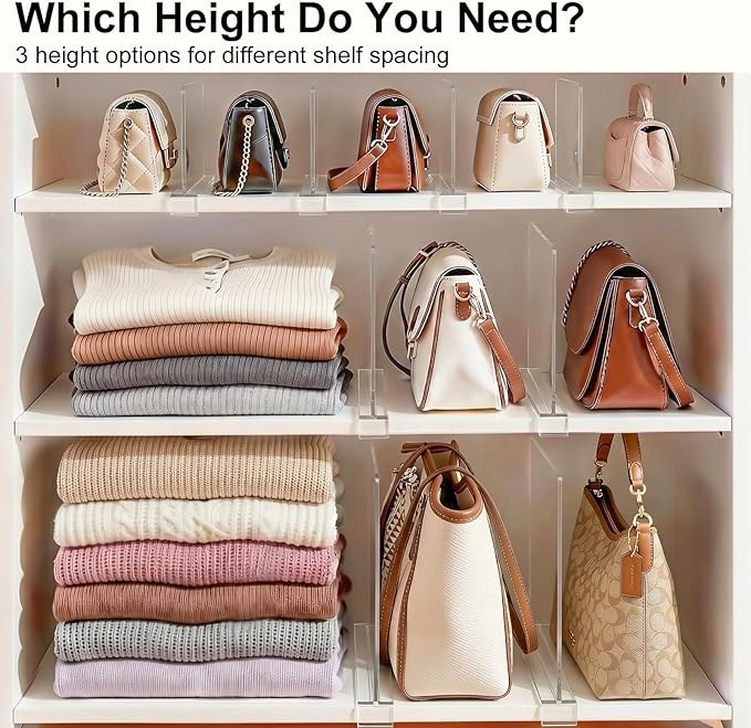 SortNStore Shelf Dividers Purse Organizer for Closet: 6-inch Tall(Shorter Version) Acrylic Handbag Organizer - Small Space Separator for Clutches Evening Bags Pouches Mini-Bags on Wood Shelves 8-Pack