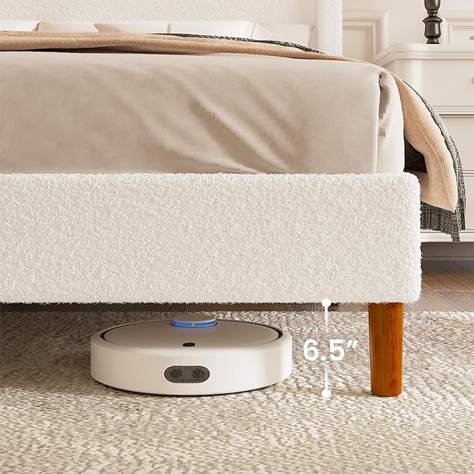 Full Boucle Upholstered Platform Bed Frame with Adjustable Wingback Headboard, Cloud Bed with Solid Wood Legs, No Box Spring Needed, Easy Assembly, White